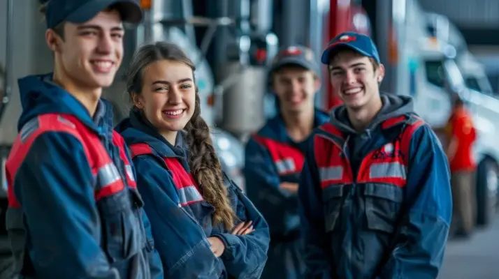 group of happy students with custom workwear uniforms